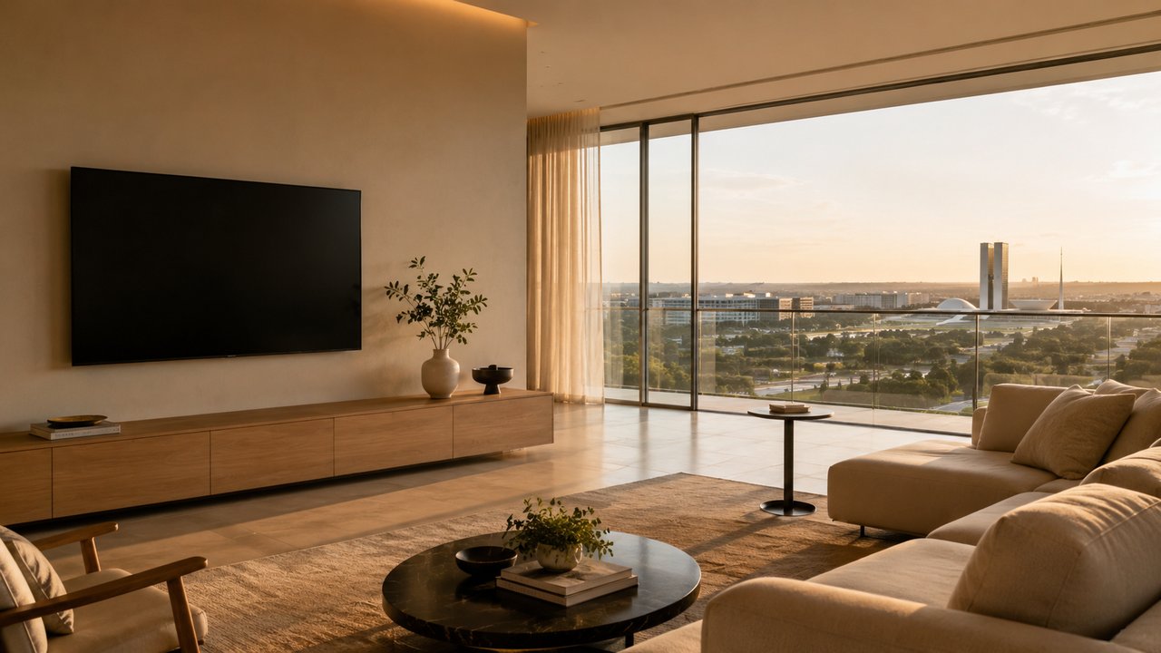 Sala de estar moderna em Brasília com TV instalada na parede por técnico profissional da Só Suporte DF