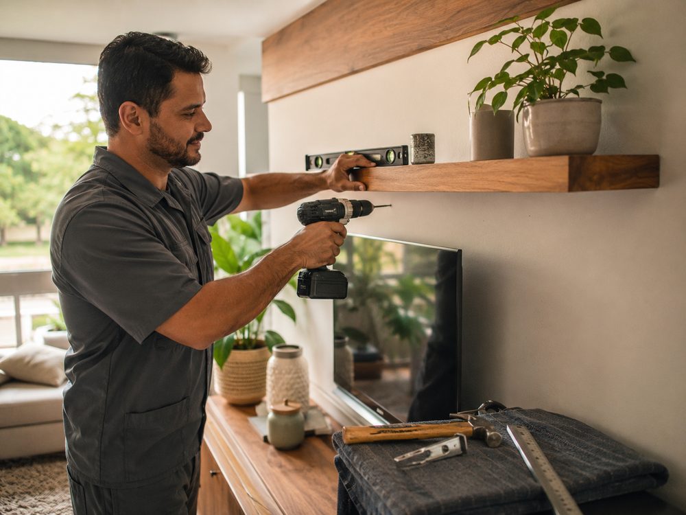 Marido de aluguel montando móveis e fixando prateleira na parede em Brasília